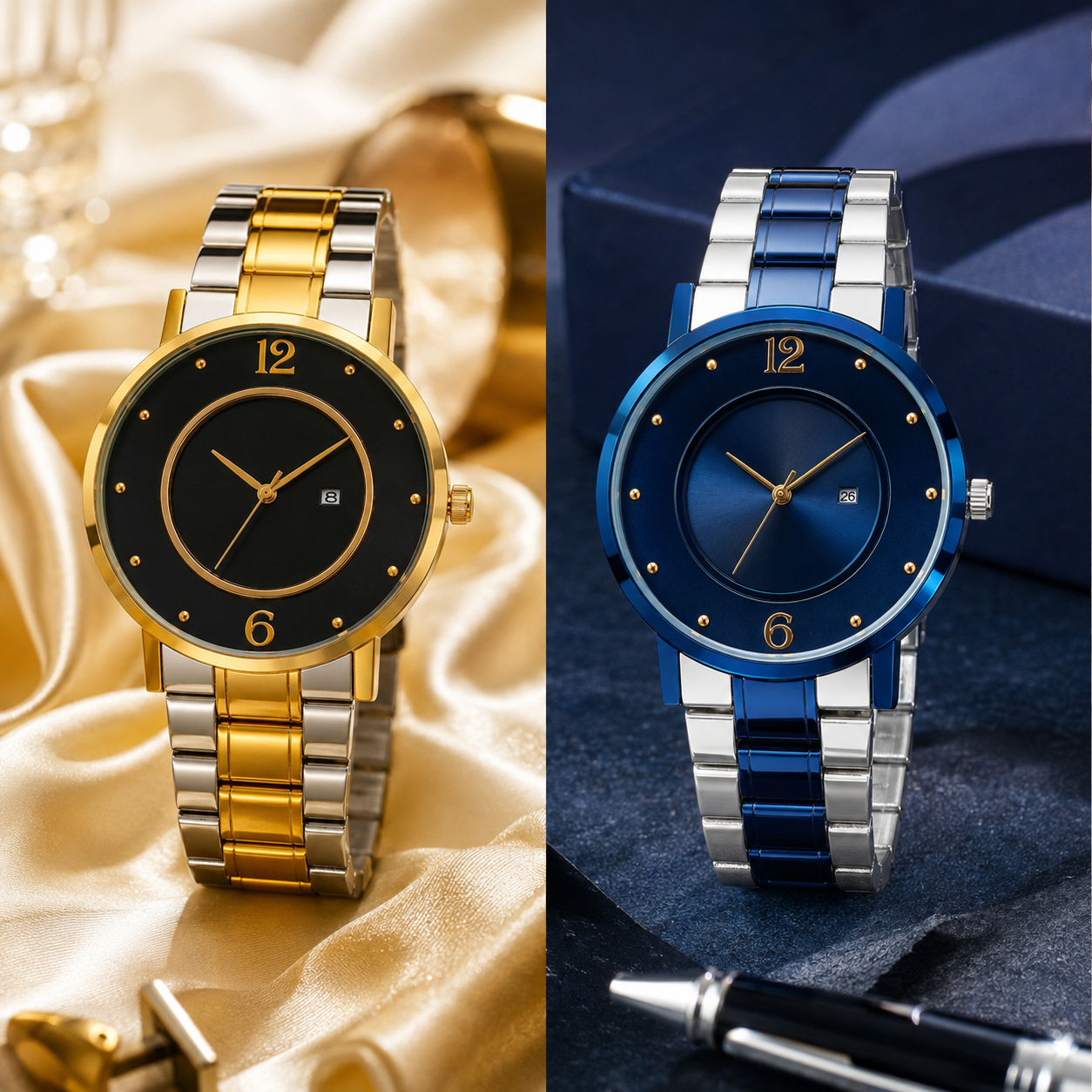 Luxury Quartz Analog Men's Watch – Stainless Steel Blue & Silver Bracelet