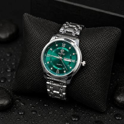 RUSTET Emerald Green Quartz Watch – Stainless Steel Luxury Dress Watch with Day & Date Display