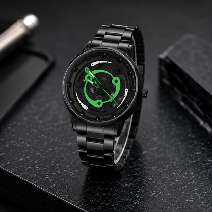NeoSpin™ Premium Black Stainless Steel Men's Analog Watch | Luxury Skeleton Dial | Quartz Movement