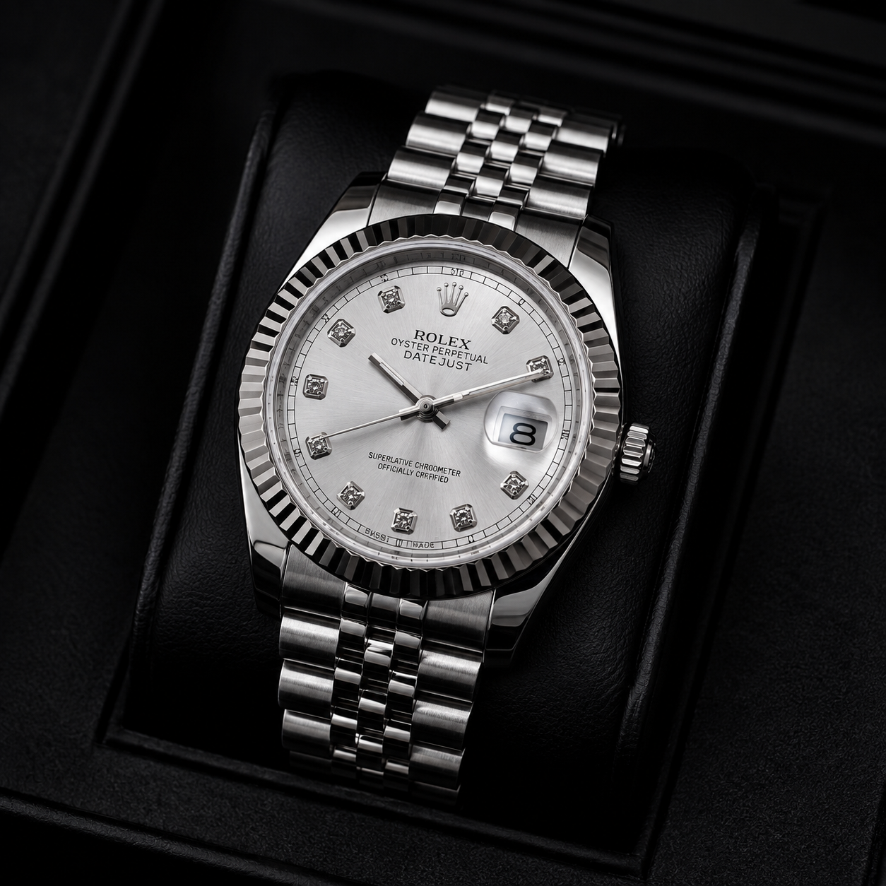 Rolex Datejust Silver Diamond Dial Stainless Steel Luxury Watch.