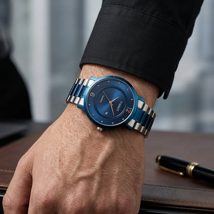 Luxury Quartz Analog Men's Watch – Stainless Steel Blue & Silver Bracelet
