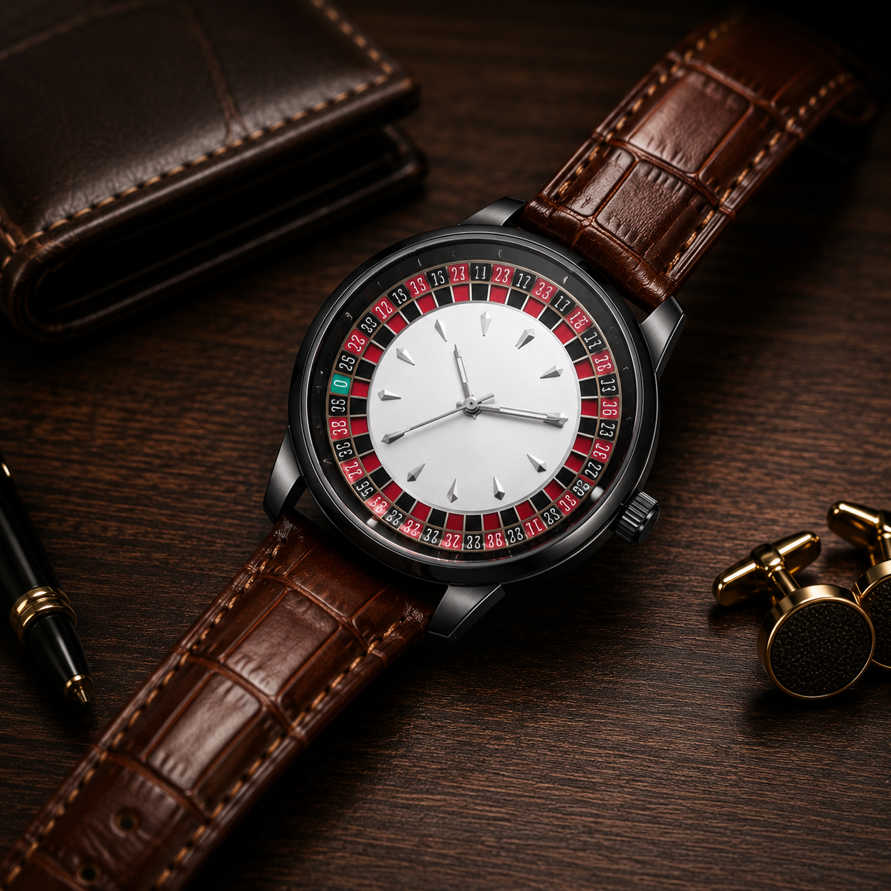 Casino Royale Luxury Roulette Style Leather Strap Watch for Men.