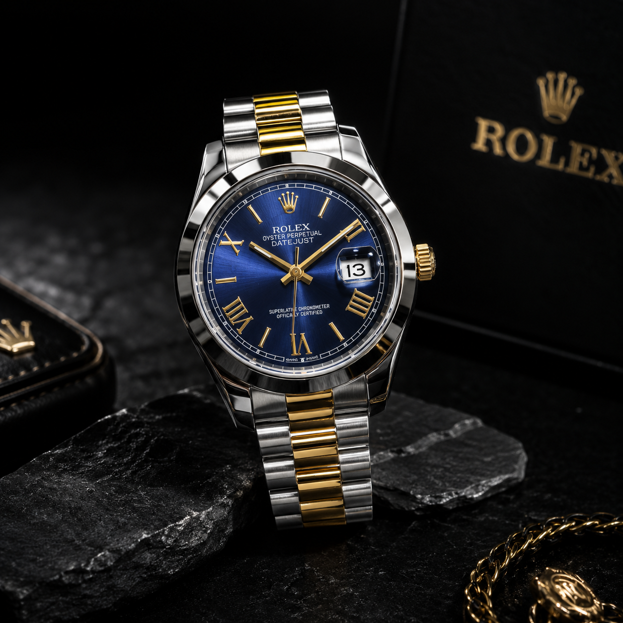 Royal Azure Date Stainless Steel Luxury Watch.