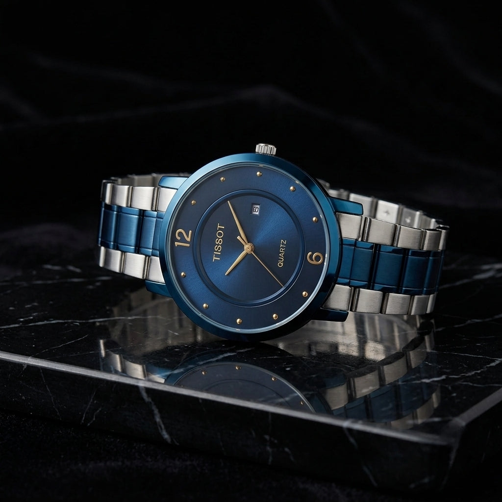 Luxury Quartz Analog Men's Watch – Stainless Steel Blue & Silver Bracelet
