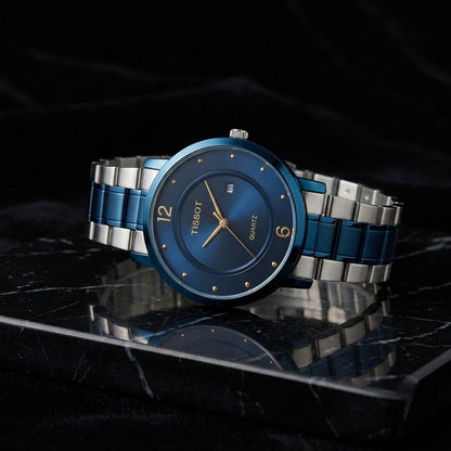 Luxury Quartz Analog Men's Watch – Stainless Steel Blue & Silver Bracelet