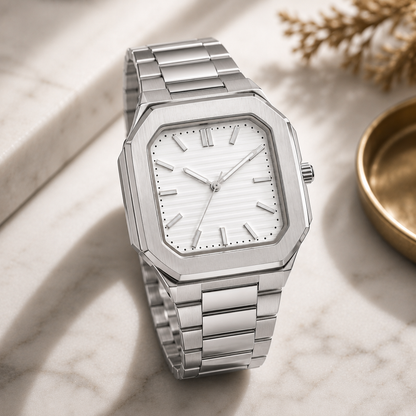 Luxury Octagonal Stainless Steel Quartz Watch | Premium Silver Bracelet | Men's Analog Wrist Watch